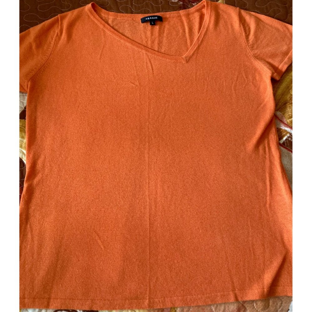100% Cashmere PRAGUE Orange Asymmetric Modern Short-Sleeved Womens Sweater Top L